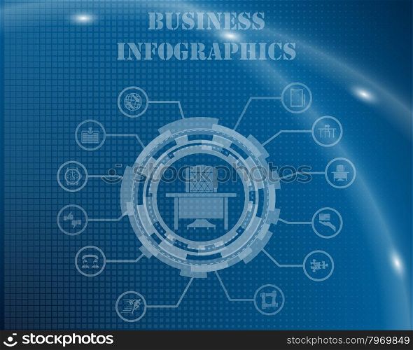 Business Infographic Template From Technological Gear Sign, Lines and Icons. Elegant Design With Transparency on Blue Checkered Background With Light Lines and Flash on It. Vector Illustration.