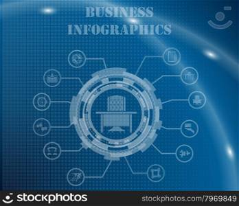 Business Infographic Template From Technological Gear Sign, Lines and Icons. Elegant Design With Transparency on Blue Checkered Background With Light Lines and Flash on It. Vector Illustration.