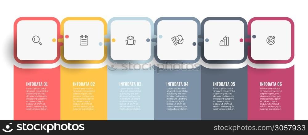 Business infographic template. Process chart. Timeline with icons and 6 options or steps. Can be used for process diagram, presentations, banner, annual report, web design.