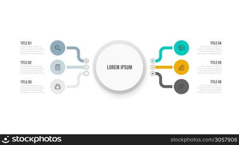 Business infographic template. Timeline design with circle and 6 steps or options. Vector illustration.
