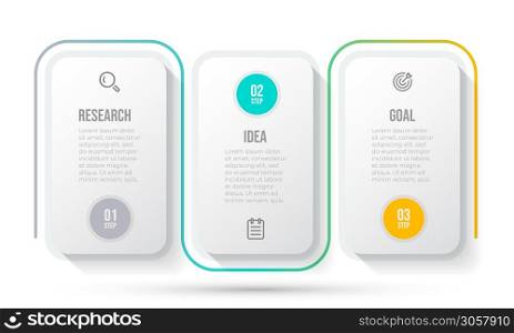 Business infographic template. Timeline with marketing icon and 3 options or steps. Vector illustration. Can be used for workflow diagram, info chart, annual report, web design.