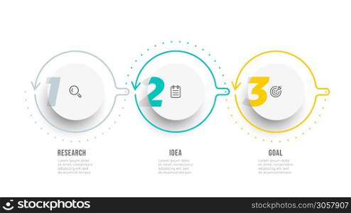 Business infographic thin line process with circle and numbers template design with icons and 3 options or steps. Vector illustration.