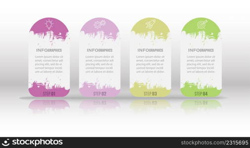 Business infographics. 4 stages of achieving the goal. Stages of the workflow, development, marketing, plan or training. Business strategy with icon icons. Report or statistics schema.