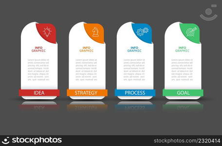 Business infographics. 4 stages of achieving the goal. Stages of the workflow, development, marketing, plan or training. Business strategy with icon icons. Report or statistics schema.