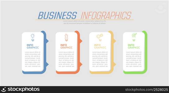 Business infographics. 4 stages of achieving the goal. Stages of the workflow, development, marketing, plan or training. Business strategy with icon icons. Report or statistics schema.