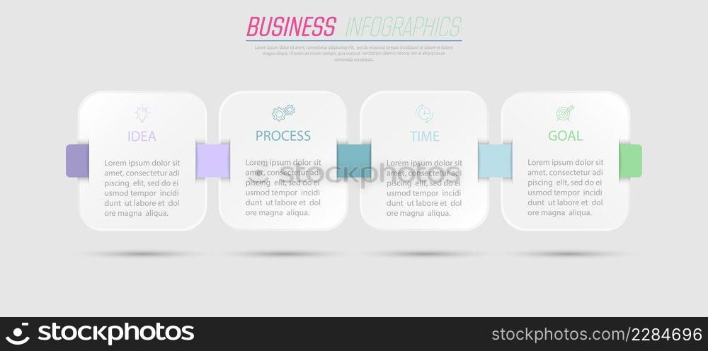 Business Infographics. 4 steps to achieve the result. Stages of development, workflow, marketing or plan. Business strategy with icons. Diagram of the report, statistics and training.