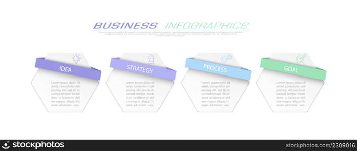 Business Infographics. 4 steps to achieve the result. Stages of development, workflow, marketing or plan. Business strategy with icons. Diagram of the report, statistics and training.