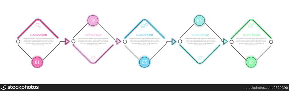 Business infographics. 5 stages of achieving the goal. Stages of the workflow, development, marketing, plan or training. Business strategy with icon icons. Report or statistics schema.