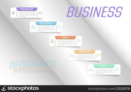 Business infographics. 5 stages of achieving the goal. Stages of the workflow, development, marketing, plan or training. Business strategy with icon icons. Report or statistics schema.