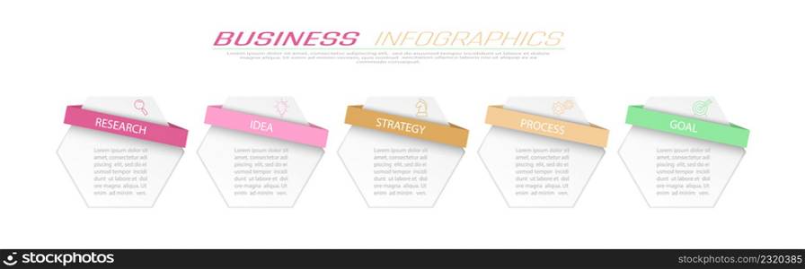 Business Infographics. 5 steps to achieve the result. Stages of development, workflow, marketing or plan. Business strategy with icons. Diagram of the report, statistics and training.