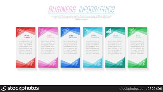 Business infographics. 6 stages of achieving the goal. Stages of the workflow, development, marketing, plan or training. Business strategy with icon icons. Report or statistics schema.