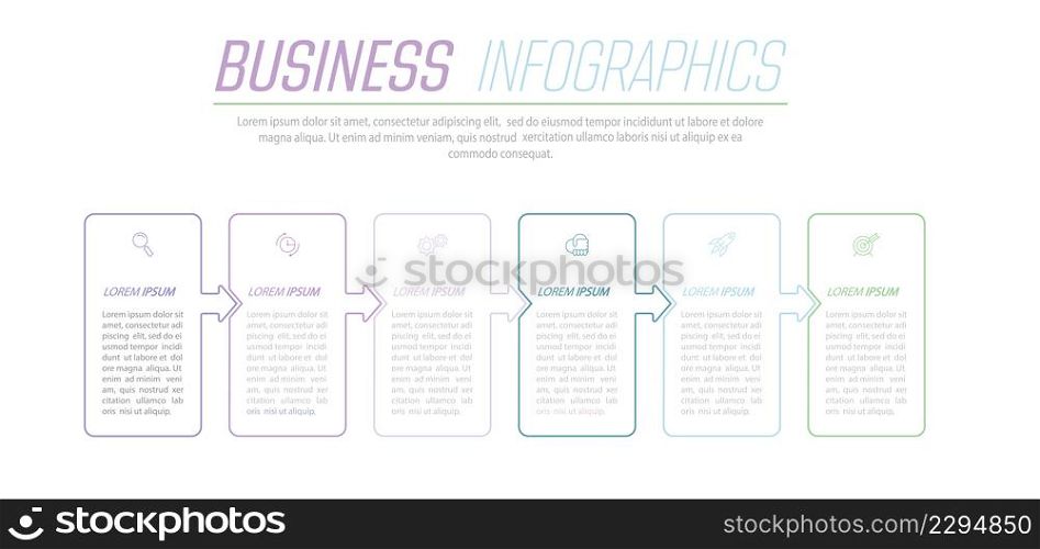Business Infographics. 6 steps to achieve the result. Stages of development, workflow, marketing or plan. Business strategy with icons. Diagram of the report, statistics and training.
