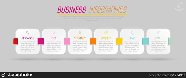 Business Infographics. 6 steps to achieve the result. Stages of development, workflow, marketing or plan. Business strategy with icons. Diagram of the report, statistics and training.