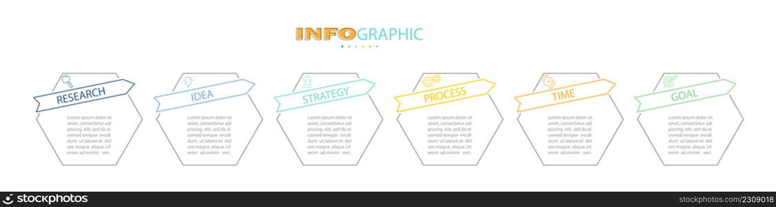 Business Infographics. 6 steps to achieve the result. Stages of development, workflow, marketing or plan. Business strategy with icons. Diagram of the report, statistics and training.