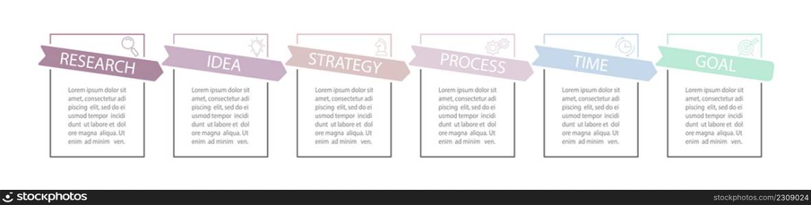 Business Infographics. 6 steps to achieve the result. Stages of development, workflow, marketing or plan. Business strategy with icons. Diagram of the report, statistics and training.