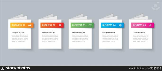 Business infographics book template with 5 data. Can be used for workflow layout, diagram, number options, web design, presentations