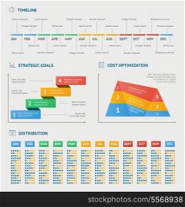 Business infographics charts for timeline strategy optimization and progress reports vector illustration