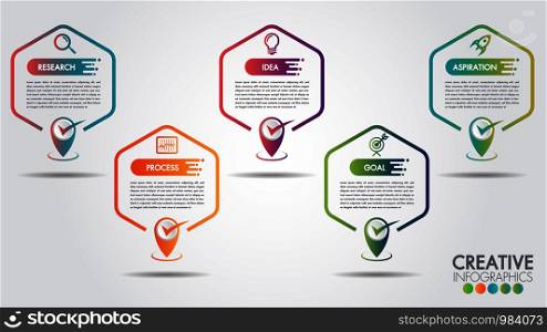 Business infographics Hexagon 5 steps or options. timeline with copy space and business icon. Vector illustrator design template.