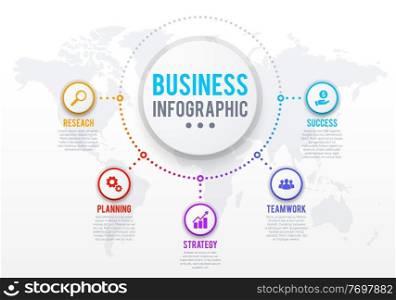 Business infographics template, success strategy or task management plan. Circle icons with research, planning and teamwork vector pictogram, world map background. Business processes scheme or chart. Business infographics with processes round icons