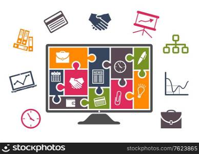 Business infographics with colorful icons of computer, chart, card, handshake, clock, briefcase, files and computer or tv monitor with puzzles