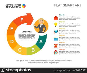 Business infographics with process chart and character icon. Editable presentation slide template, flat smart art. Data for management, startup, planning