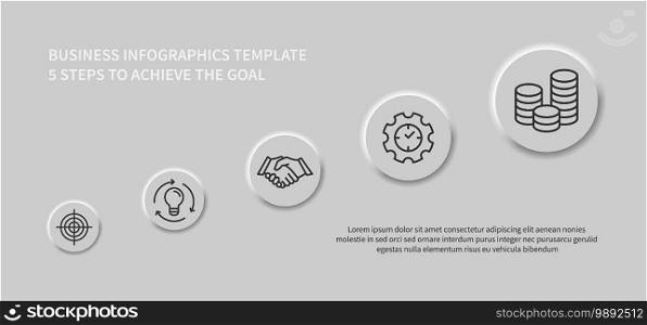 Business infographics with round template design, 5 steps to achieve the goal. Business management. Goal, idea, money, clock and more. Isolated collection for web sites. Vector icons symbol set.