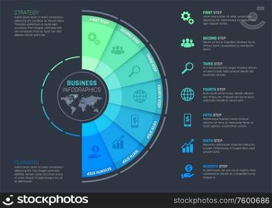 Business infographics with vector template of presentation step chart, process graph or options diagram with world map. Business strategy and planning flowchart or workflow with icons, text layouts. Infographics template of business step chart