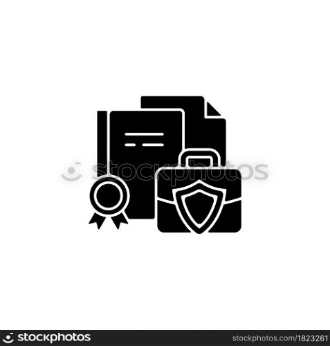 Business information black glyph icon. Intellectual property protection. Trade secrets. Employee records. Managing customer data. Silhouette symbol on white space. Vector isolated illustration. Business information black glyph icon