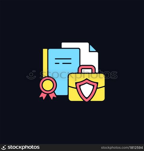 Business information RGB color icon for dark theme. Protect intellectual property. Employee records. Isolated vector illustration on night mode background. Simple filled line drawing on black. Business information RGB color icon for dark theme