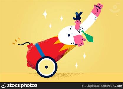 Business innovation and success concept. Young smiling businessman flying from cannon making job business development success leadership vector illustration . Business innovation and success concept.