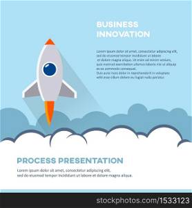 Business innovation cover page booklet template. Cartoon rocket vector illustration. Startup presentation poster background.