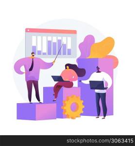 Business innovation presentation. Analytics report, statistics chart, forkflow. Analysts and team leader cartoon characters standing on growing graph. Vector isolated concept metaphor illustration.. Business innovation presentation vector concept metaphor.