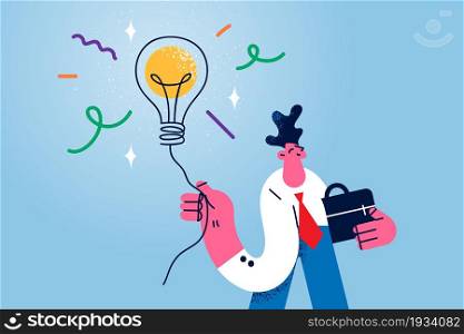 Business Innovative ideas and creativity concept. Young smiling businessman cartoon character standing holding light bulb above as air balloon vector illustration . Business Innovative ideas and creativity concept.