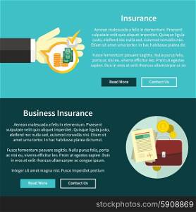 Business insurance concept in flat style on banners with text and buttons read more and contact us. Can be used for web banners, marketing and promotional materials, presentation templates