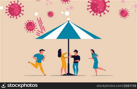 Business insurance help financial umbrella from coronavirus. First aid protection people concept vector illustration cover quarantine shield. Vaccine control virus epidemic crisis. Global safety