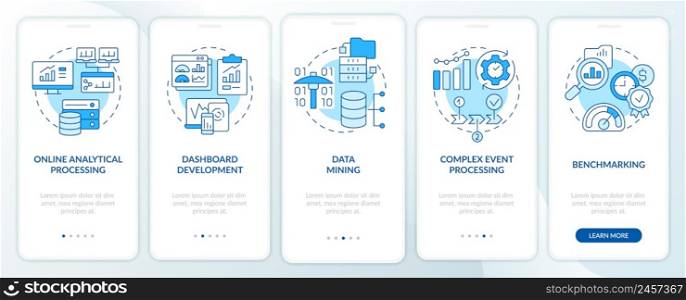 Business intelligence examples blue onboarding mobile app screen. Walkthrough 5 steps graphic instructions pages with linear concepts. UI, UX, GUI template. Myriad Pro-Bold, Regular fonts used. Business intelligence examples blue onboarding mobile app screen