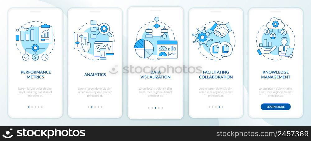 Business intelligence functions blue onboarding mobile app screen. Walkthrough 5 steps graphic instructions pages with linear concepts. UI, UX, GUI template. Myriad Pro-Bold, Regular fonts used. Business intelligence functions blue onboarding mobile app screen