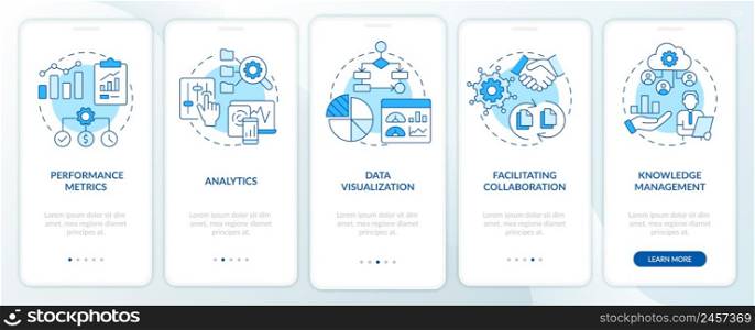 Business intelligence functions blue onboarding mobile app screen. Walkthrough 5 steps graphic instructions pages with linear concepts. UI, UX, GUI template. Myriad Pro-Bold, Regular fonts used. Business intelligence functions blue onboarding mobile app screen