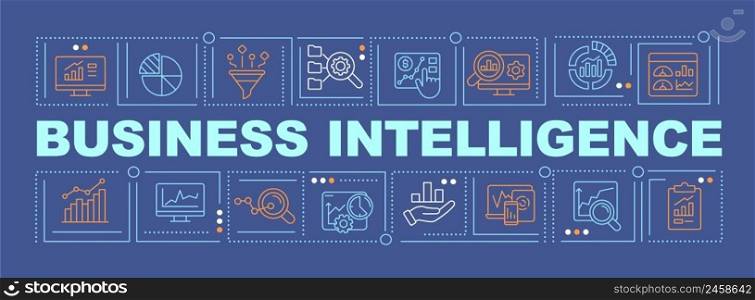 Business intelligence implementation word concepts dark blue banner. Infographics with icons on color background. Isolated typography. Vector illustration with text. Arial-Black font used. Business intelligence implementation word concepts dark blue banner