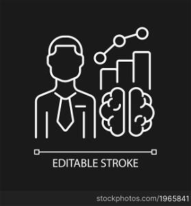 Business intelligence manager white linear icon for dark theme. Market and customer analyst. Thin line customizable illustration. Isolated vector contour symbol for night mode. Editable stroke. Business intelligence manager white linear icon for dark theme
