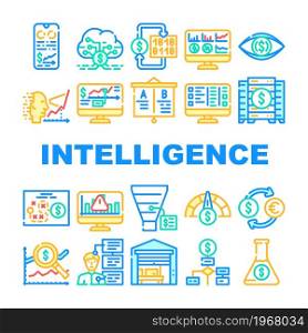 Business Intelligence Technology Icons Set Vector. Business Intelligence Analysis And Analytics Chart And Infographic, Digital Strategy And Science, Trade Market Research Line. Color Illustrations. Business Intelligence Technology Icons Set Vector
