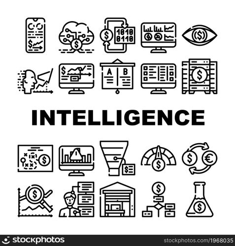 Business Intelligence Technology Icons Set Vector. Business Intelligence Analysis And Analytics Chart And Infographic, Digital Strategy And Science, Trade Market Research Contour Illustrations. Business Intelligence Technology Icons Set Vector
