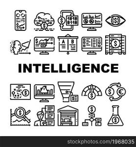 Business Intelligence Technology Icons Set Vector. Business Intelligence Analysis And Analytics Chart And Infographic, Digital Strategy And Science, Trade Market Research Contour Illustrations. Business Intelligence Technology Icons Set Vector