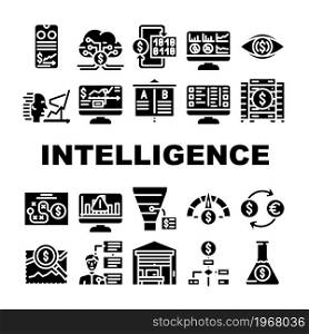 Business Intelligence Technology Icons Set Vector. Business Intelligence Analysis And Analytics Chart And Infographic, Digital Strategy And Science, Market Glyph Pictograms Black Illustrations. Business Intelligence Technology Icons Set Vector