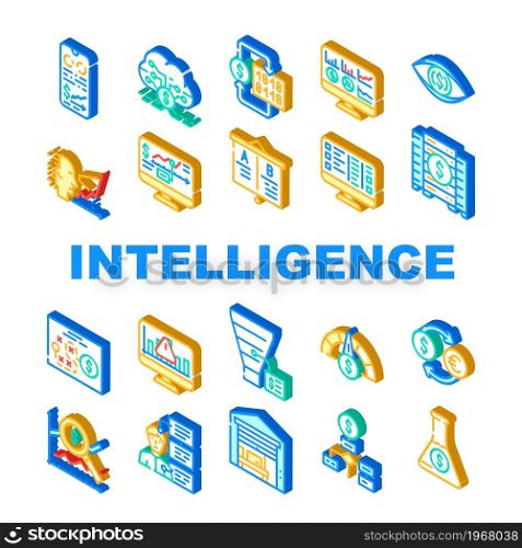 Business Intelligence Technology Icons Set Vector. Business Intelligence Analysis And Analytics Chart And Infographic, Digital Strategy And Science, Trade Research Isometric Sign Color Illustrations. Business Intelligence Technology Icons Set Vector