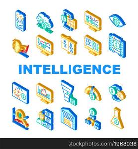 Business Intelligence Technology Icons Set Vector. Business Intelligence Analysis And Analytics Chart And Infographic, Digital Strategy And Science, Trade Research Isometric Sign Color Illustrations. Business Intelligence Technology Icons Set Vector