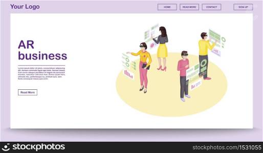 Business intelligence web page vector template with isometric illustration. Website interface design. Business analytics, metrics. Augmented reality 3d concept. People in VR headsets clipart. Business intelligence web page vector template with isometric illustration