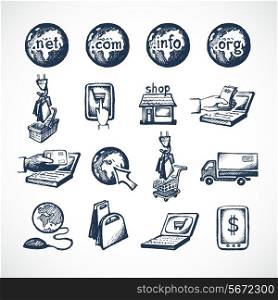 Business internet online shopping icons set of store domains product purchase paying and global delivery sketch vector illustration