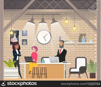 Business Interview in Modern Open Space Coworking. Man and Woman Communication Concept. Young Freelancer Talking in Modern Office by Laptop. Creative Collaboration. Flat Cartoon Vector Illustration. Business Interview in Modern Open Space Coworking
