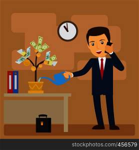 Business investment concept. Businessman watering tree of money vector illustration. Business investment concept